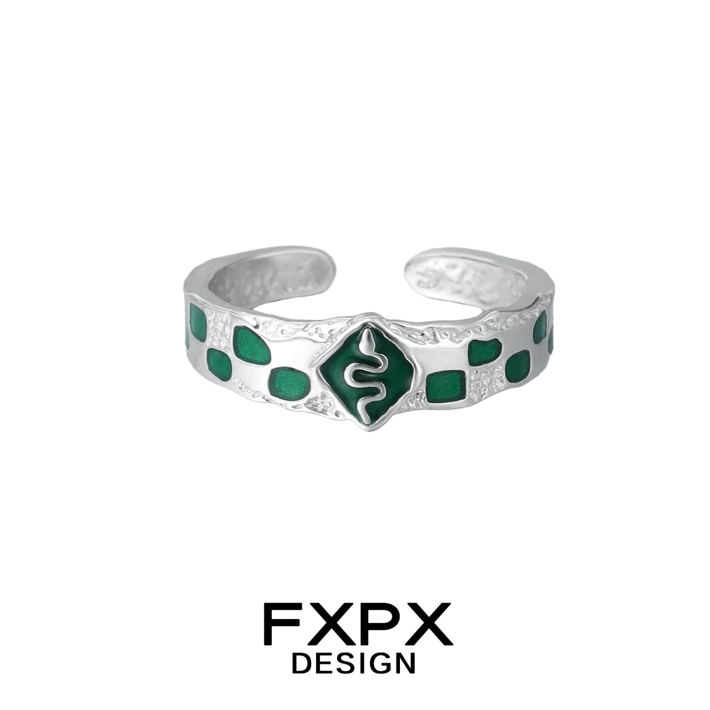 FXPX Green Snake Ring in Silver with Green Enamel Detailing and Unique Design