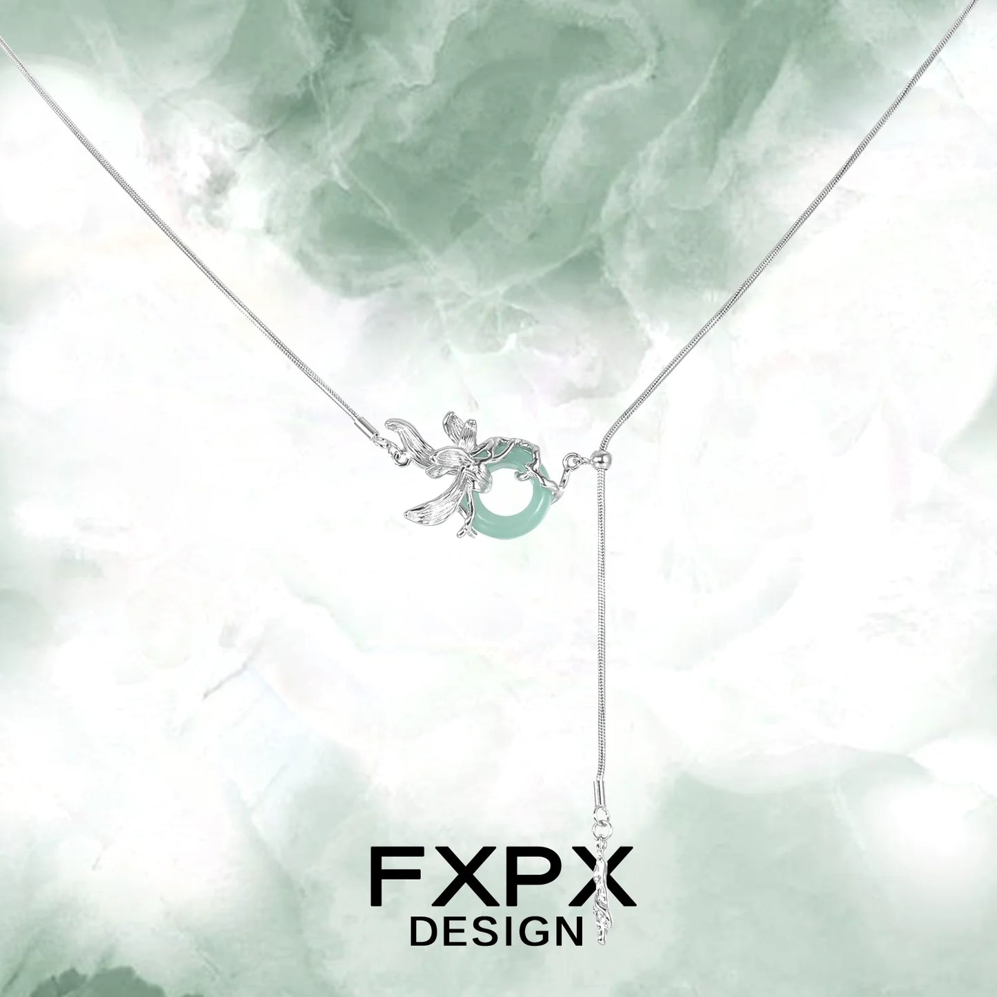 FXPX Iris safety buckle necklace featuring a delicate design with silver accents and a mint green center