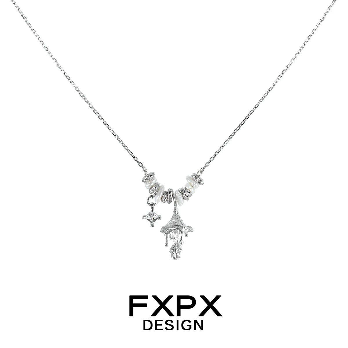 Silver FXPX metal mushroom necklace featuring intricate mushroom charms on a delicate chain