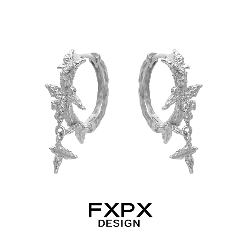 FXPX punk butterfly earrings with intricate silver design and delicate dangling butterflies