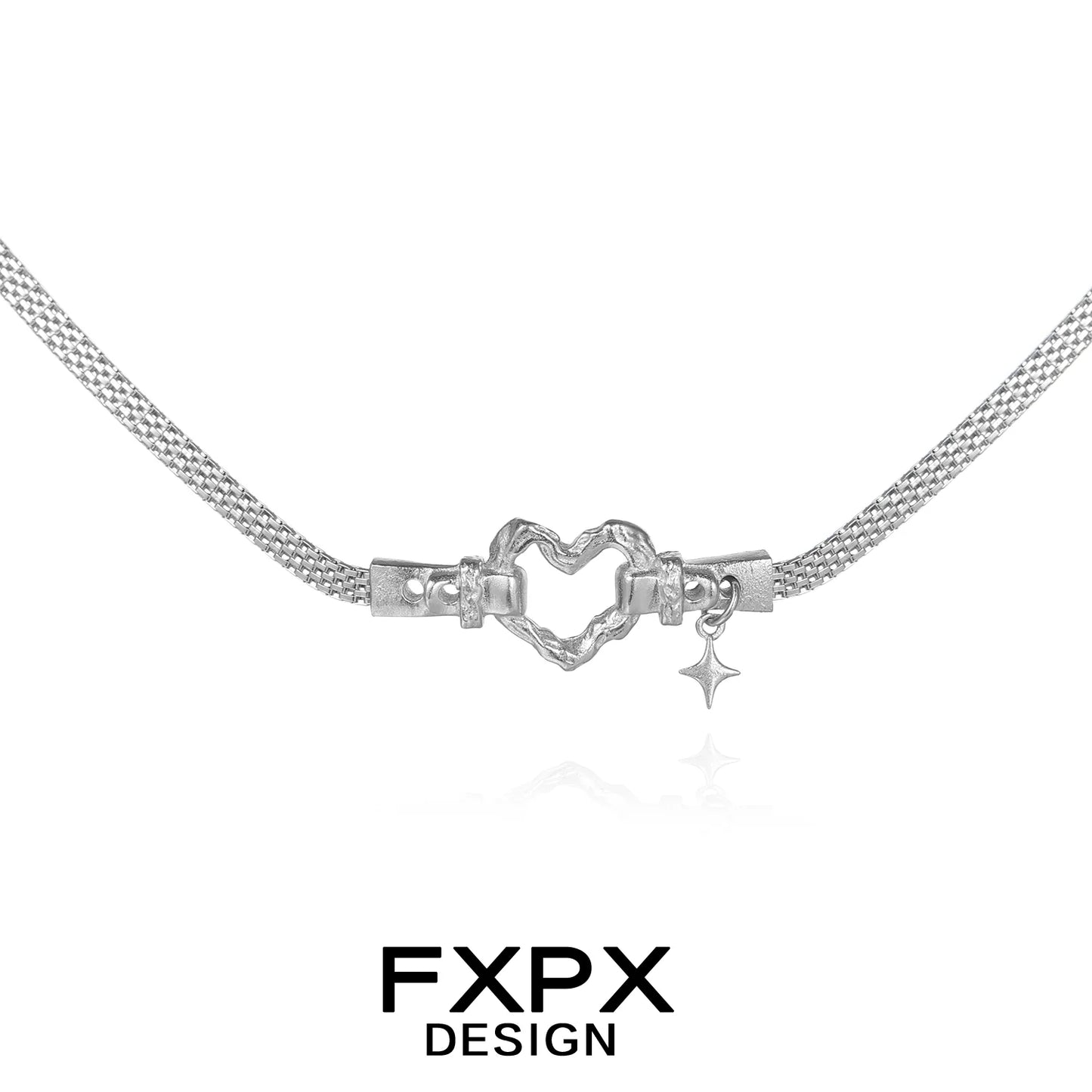 FXPX silver heart belt necklace with a delicate design and star charm, perfect for stylish accessorizing