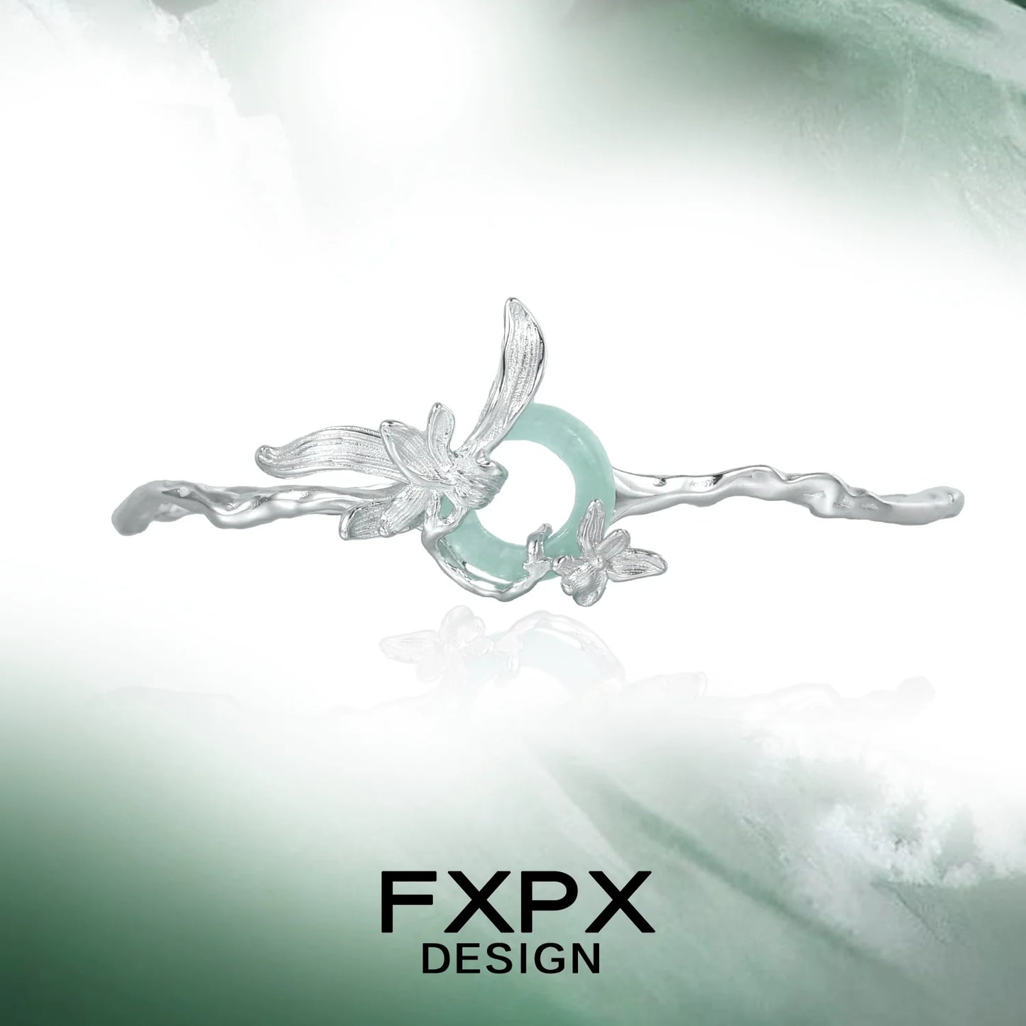 FXPX silver iris flower bracelet featuring elegant design with silver and green accents