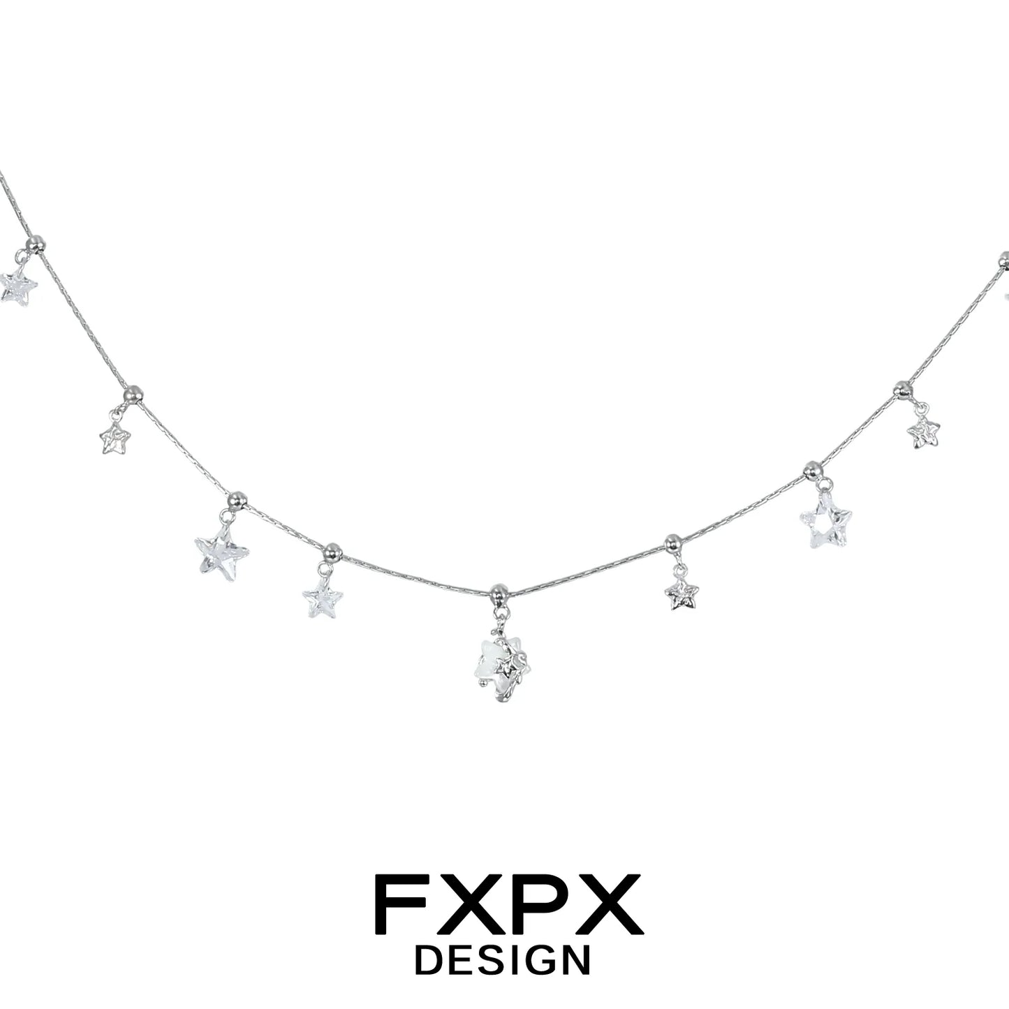 Elegant FXPX silver star necklace featuring dangling star charms on a delicate chain