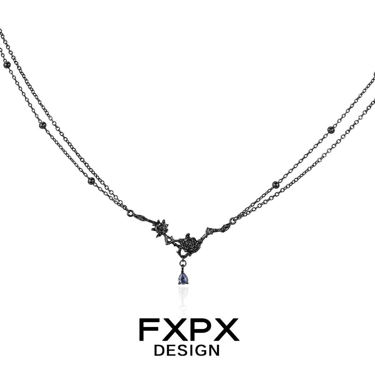 FXPX Tanzanian blue black rose necklace featuring intricate design and elegant black chain