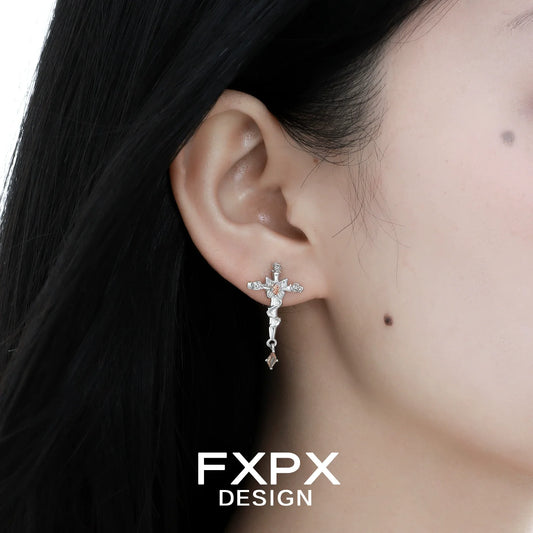 Stylish FXPX thorned butterfly cross earrings featuring sparkling accents and unique design