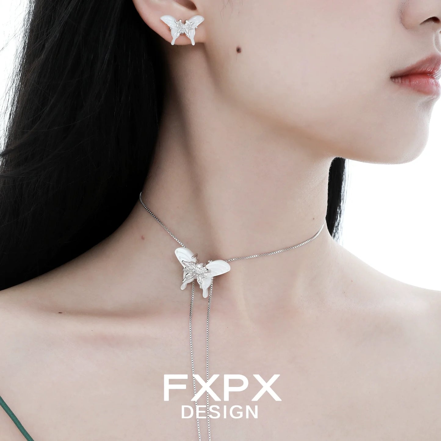 FXPX white shell butterfly earrings paired with a matching butterfly necklace for a stylish look