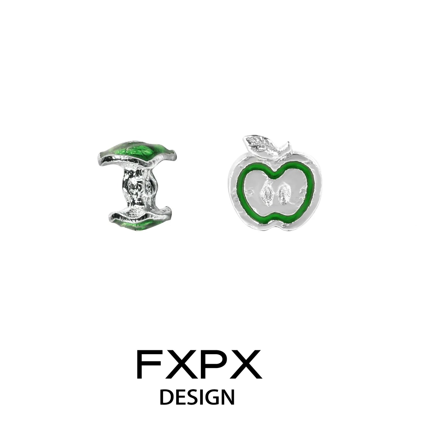Y2K Apple Earrings by FXPX featuring vibrant green and silver apple-shaped designs