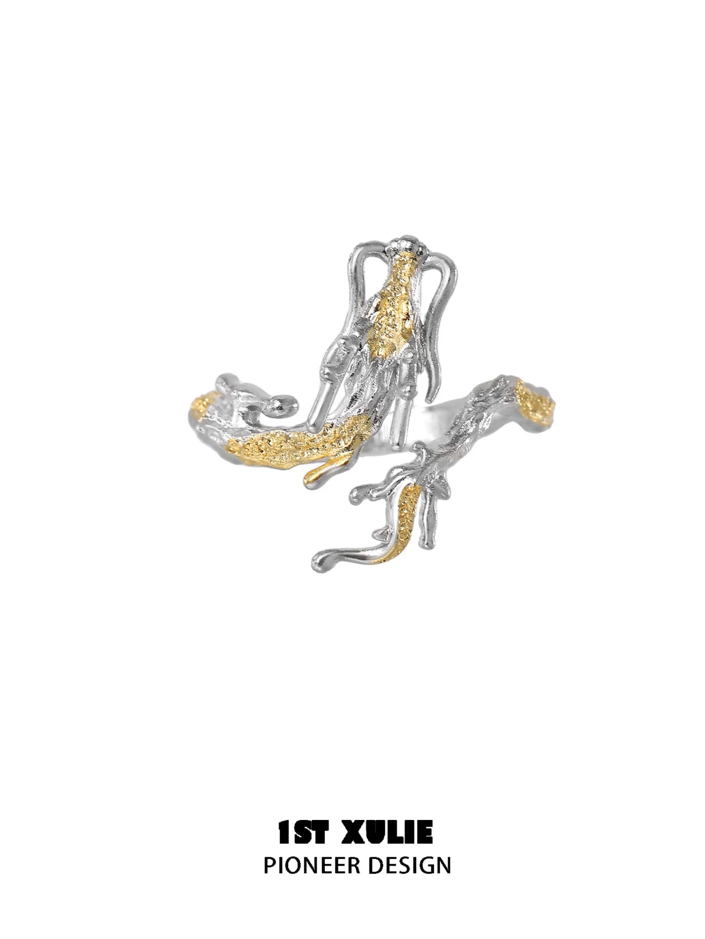 Gold dragon wrap silver ring featuring intricate design and detailed craftsmanship