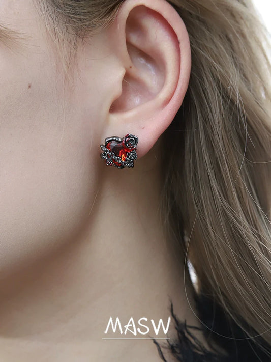 MASW jewelry gothic rose heart earrings from Gothhalo Jewelry with intricate design and red accents