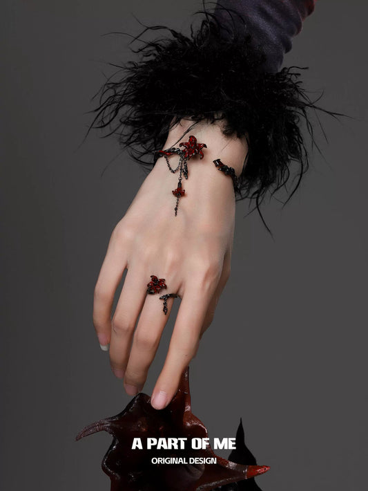 A PART OF ME gothic mandala ring showcased on a hand with a black feathered cuff