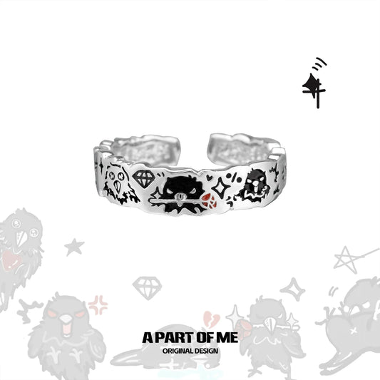 Hand painted crow ring featuring intricate designs and a unique style by A PART OF ME