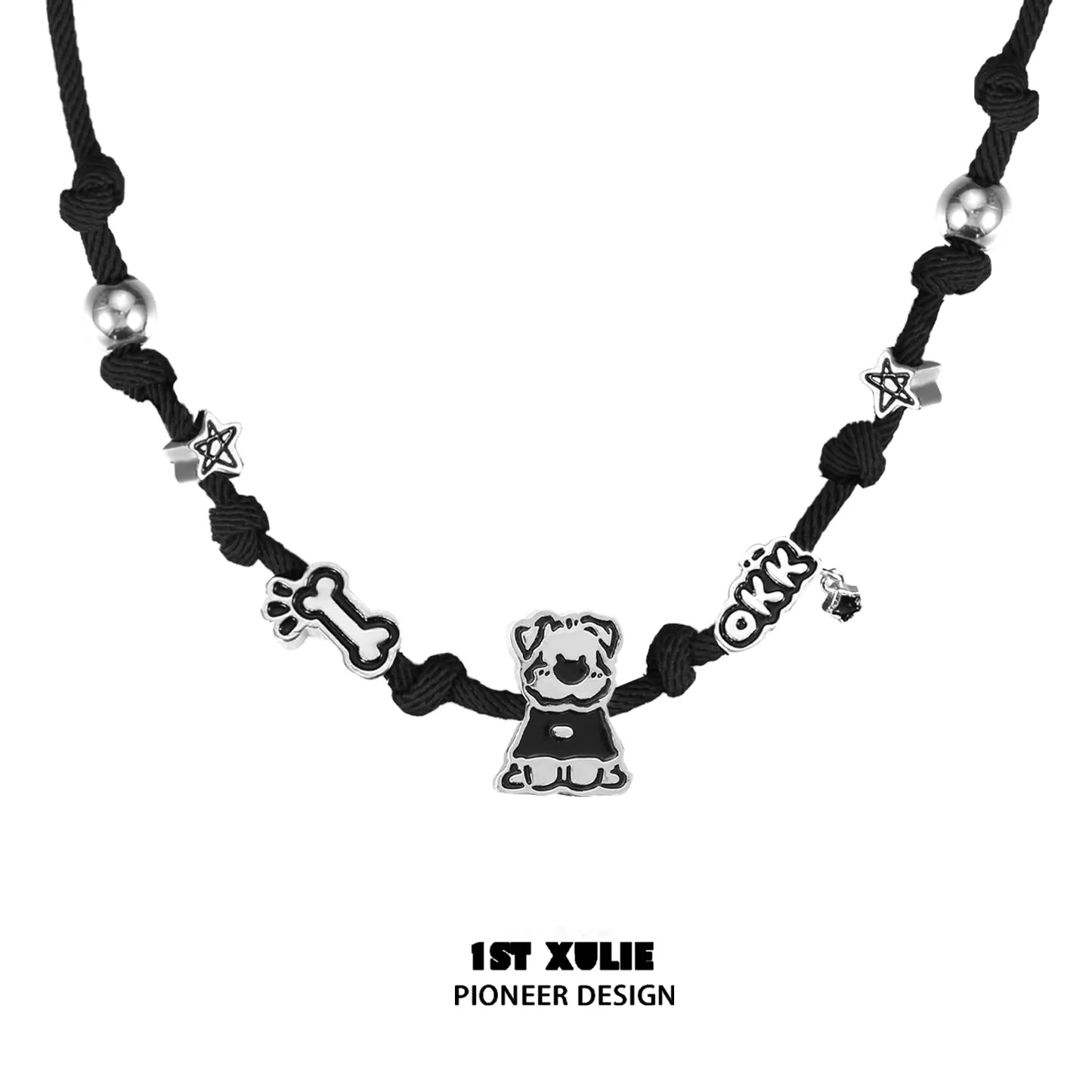 Happy puppy braided necklace featuring a dog charm, bone, and star beads in black design