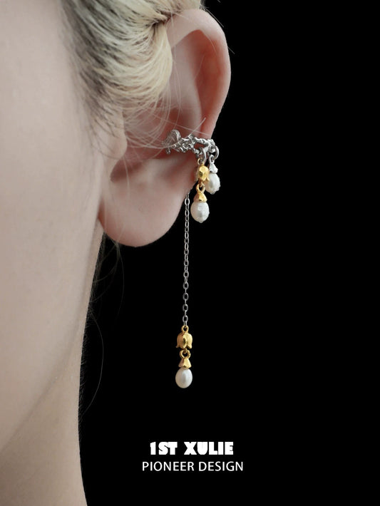 1STXULIE lily tassel pearl ear cuff with hanging pearls for an elegant look