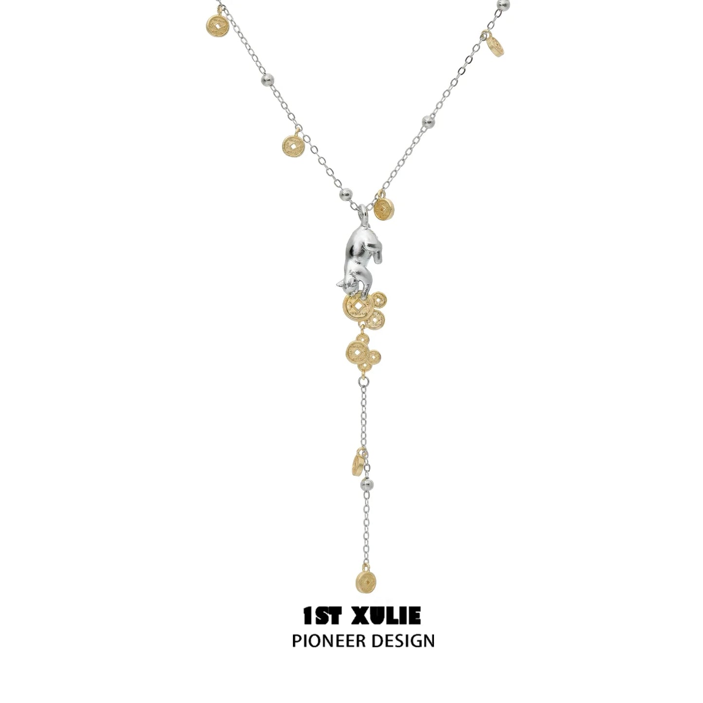 1STXULIE Lucky Cat Charm Necklace with Silver and Gold Accents for a Stylish Look