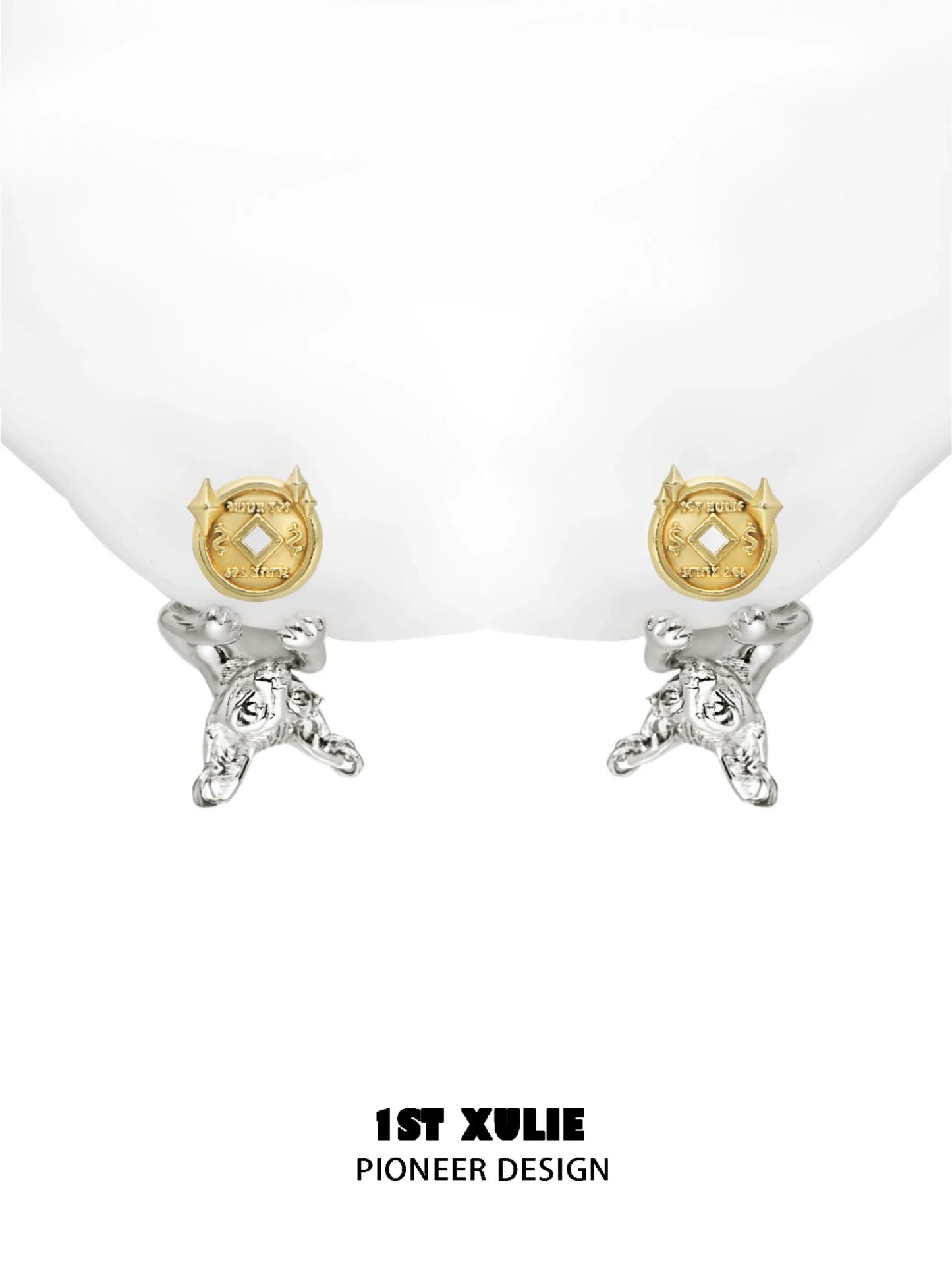 1STXULIE lucky coin cat stud earrings featuring a unique design with gold and silver accents