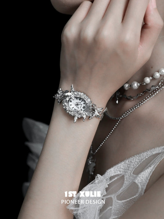 Elegant machinery aesthetic butterfly bracelet watch featuring intricate silver design and artistic details