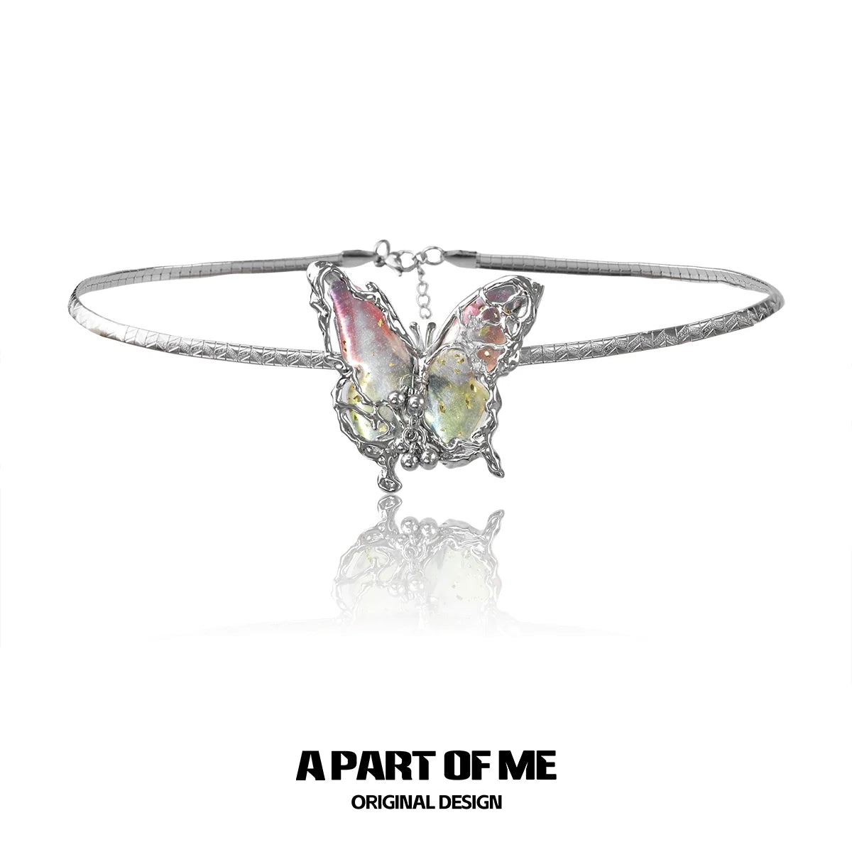 A PART OF ME mechanical butterfly necklace with intricate design featuring colorful wings