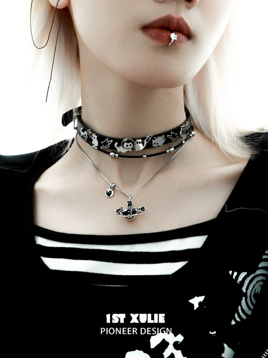 Stylish 1STXULIE owl leather necklace layered with silver chains for a unique fashion statement