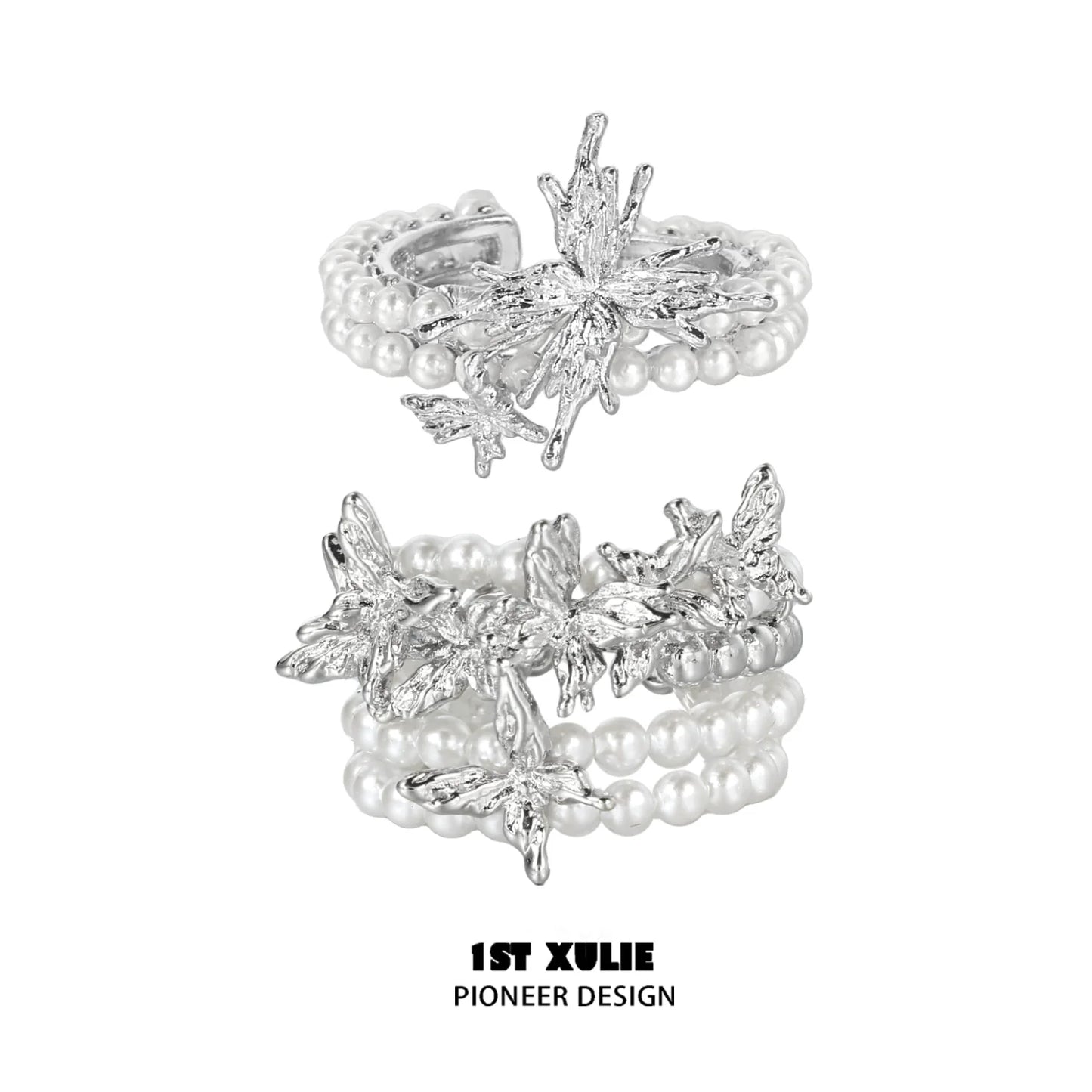 Elegant 1ST XULIE pearl butterfly ring with shimmering pearls and intricate butterfly design