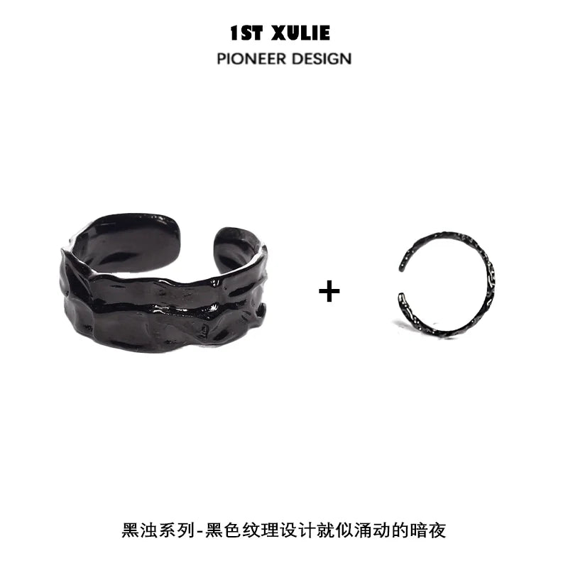Y2K gothic couple rings in black metal design, featuring a unique twisted style for a trendy look