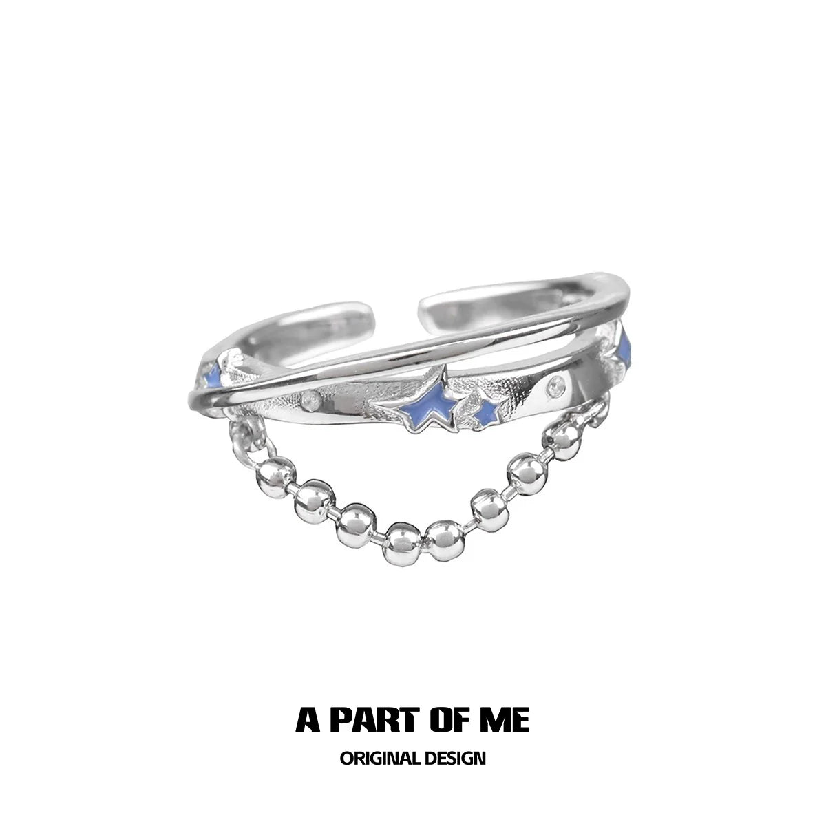 A PART OF ME planet chain ring featuring a sleek design with stars and shiny beads