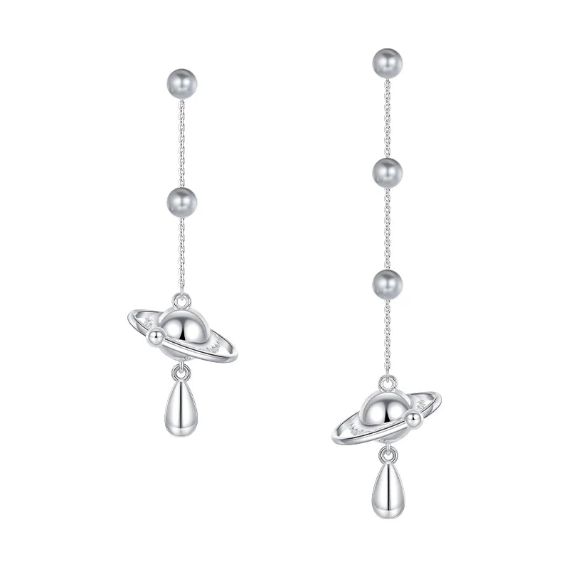 Stylish SUN HUNTER planet pearl drop earrings with silver planet design and elegant drop pearl detail