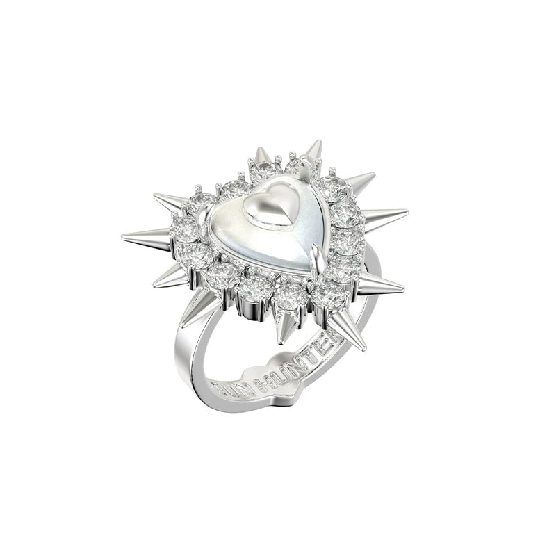 SUN HUNTER punk heart rivet ring with spiked design and sparkling diamonds