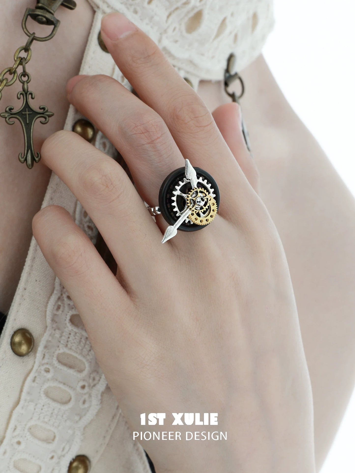 Punk mechanical gear ring featuring intricate design and steampunk elements worn on a hand