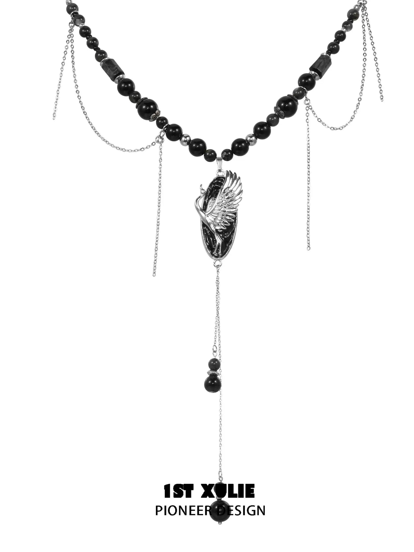 Rebellious crane tassel necklace featuring black beads and elegant silver accents