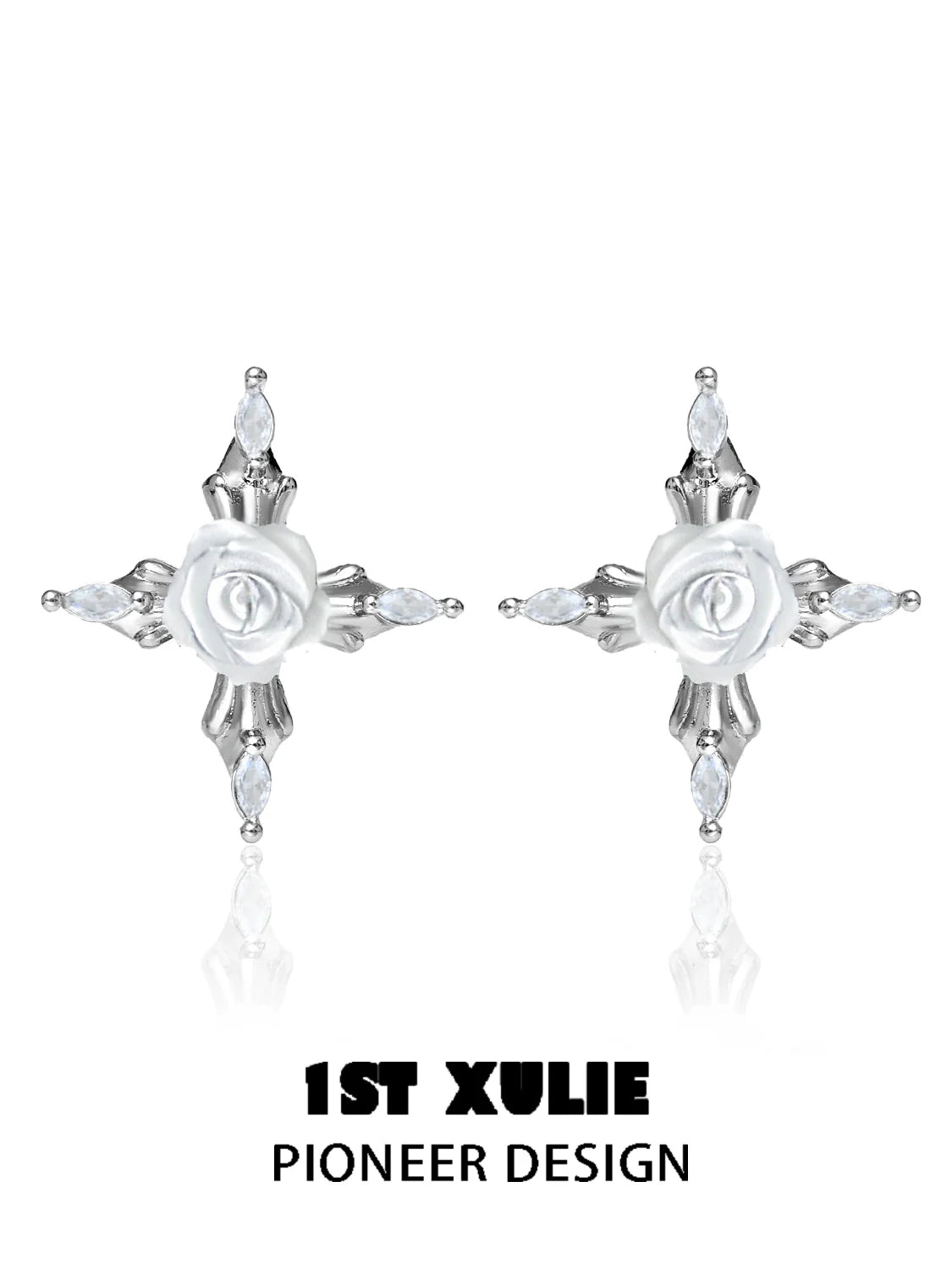 Elegant sacred rose cross earrings featuring a white rose and sparkling accents for a unique look