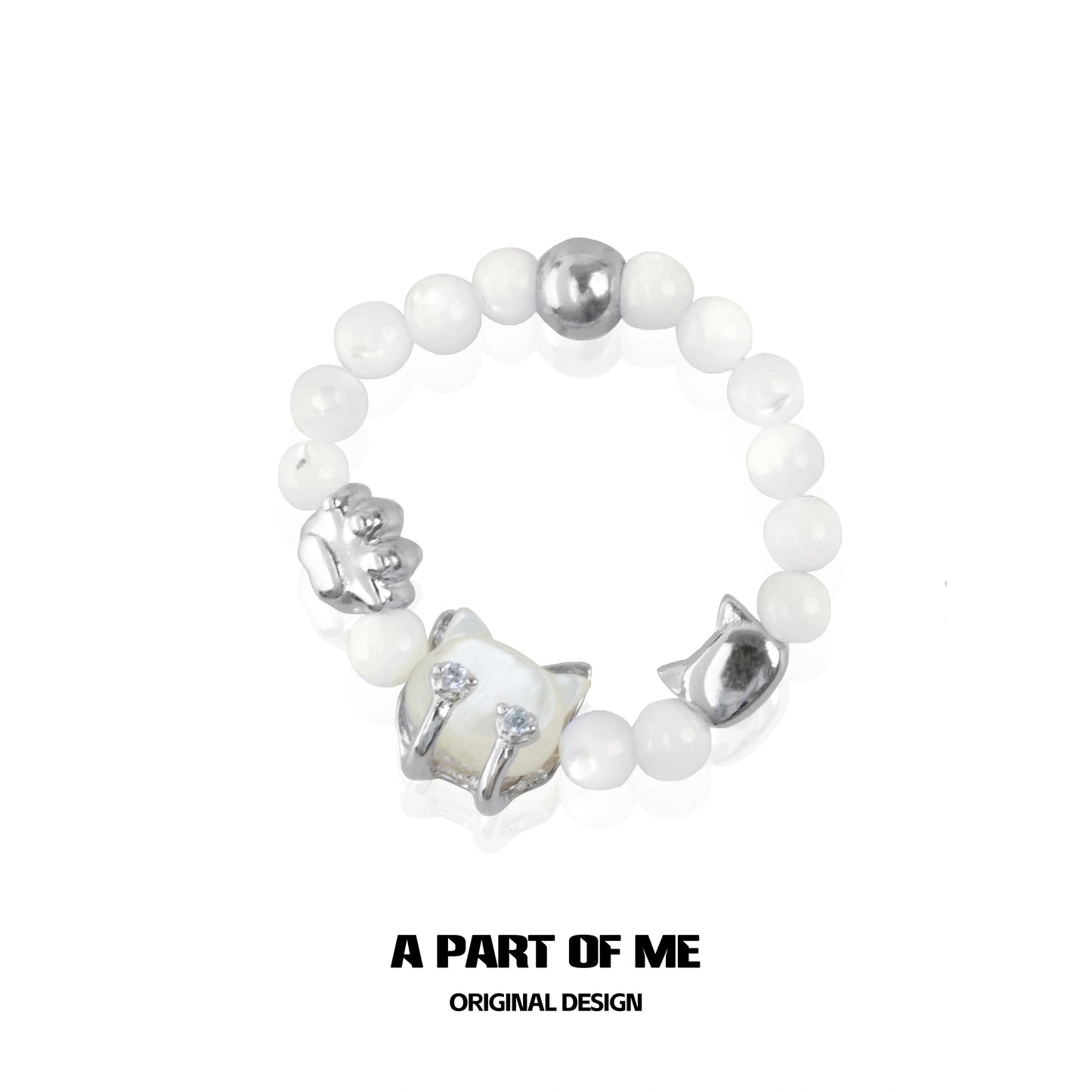 Shell cat beaded ring with silver accents and white beads for unique fashion jewelry