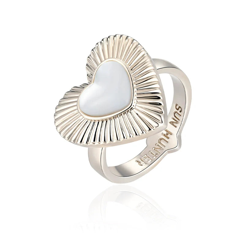 Elegant Sun Hunter butterfly mother-of-pearl ring in heart shape with radiant detailing
