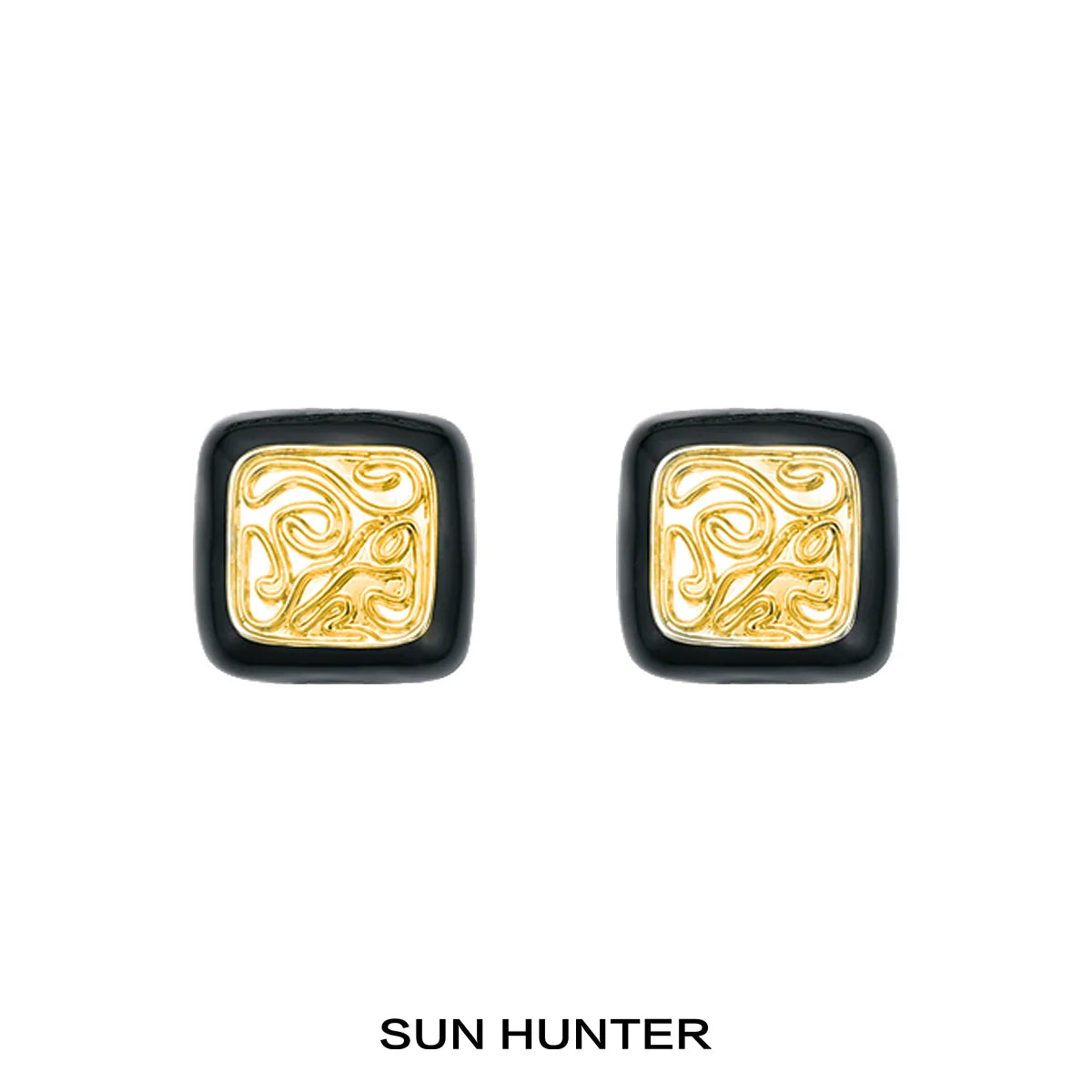 SUN HUNTER vintage coin stud earrings with intricate gold detailing and black accents