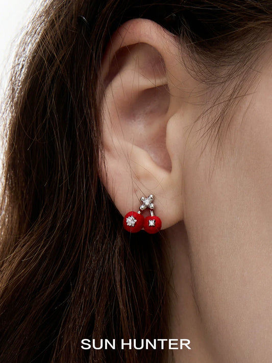 SUN HUNTER velvet cherry stud earrings with sparkling rhinestones for a chic look
