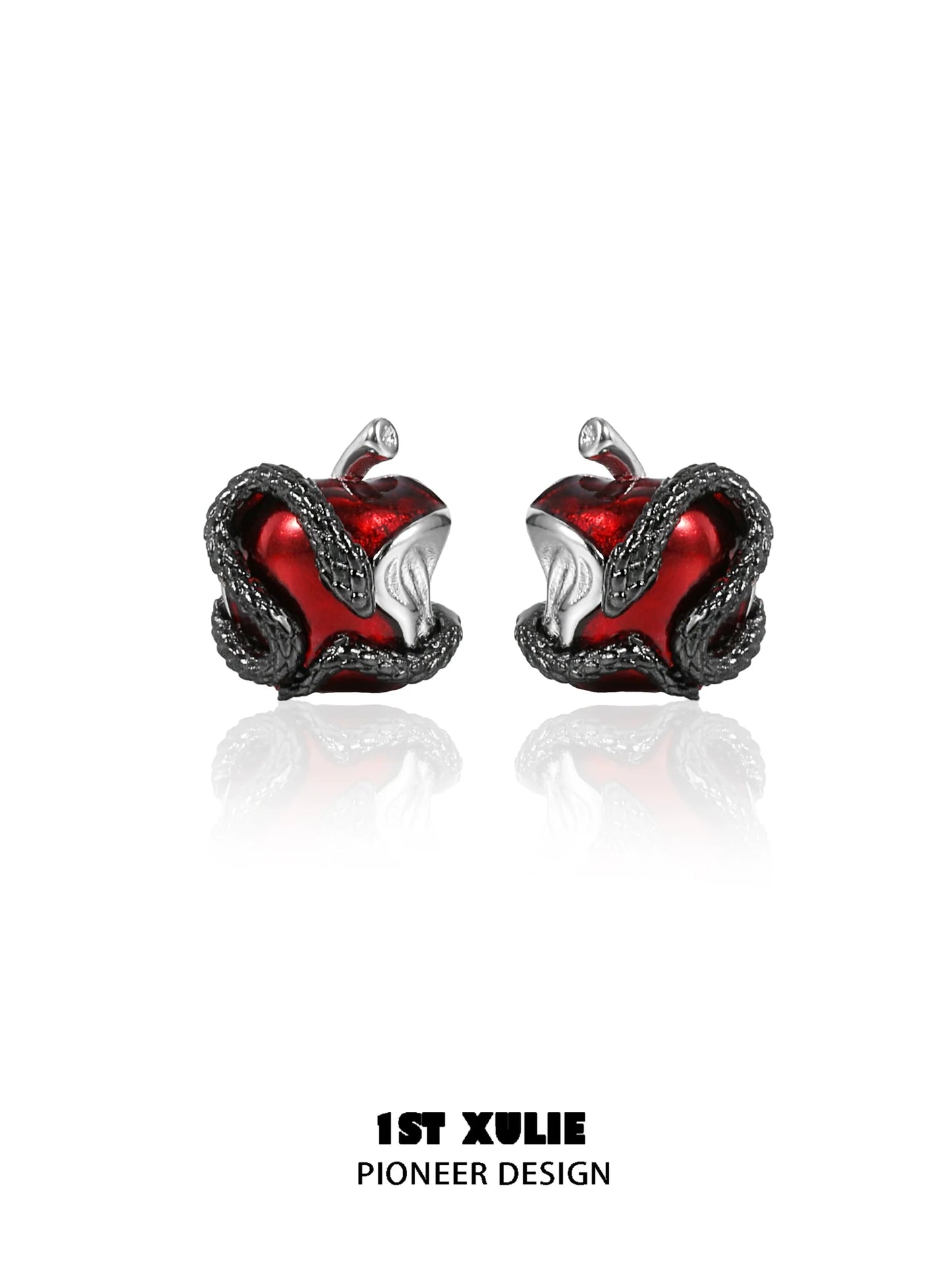 Wicked apple snake ear studs with red apple and serpent design for a bold statement