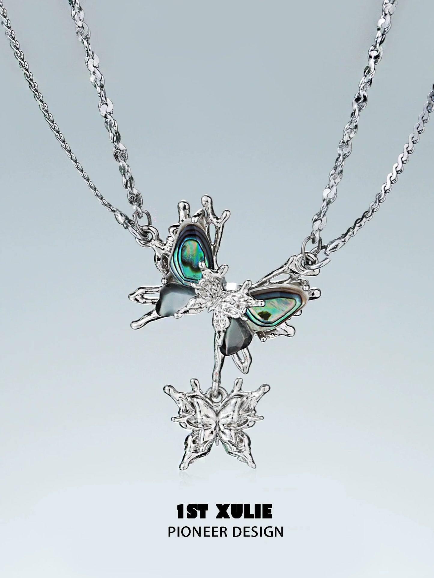 Y2K butterfly necklace featuring silver chains and colorful butterfly charms for stylish accessorizing