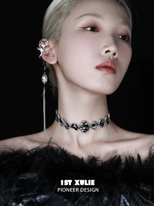 Y2K crane earrings in silver, adding a unique touch to elegant fashion looks