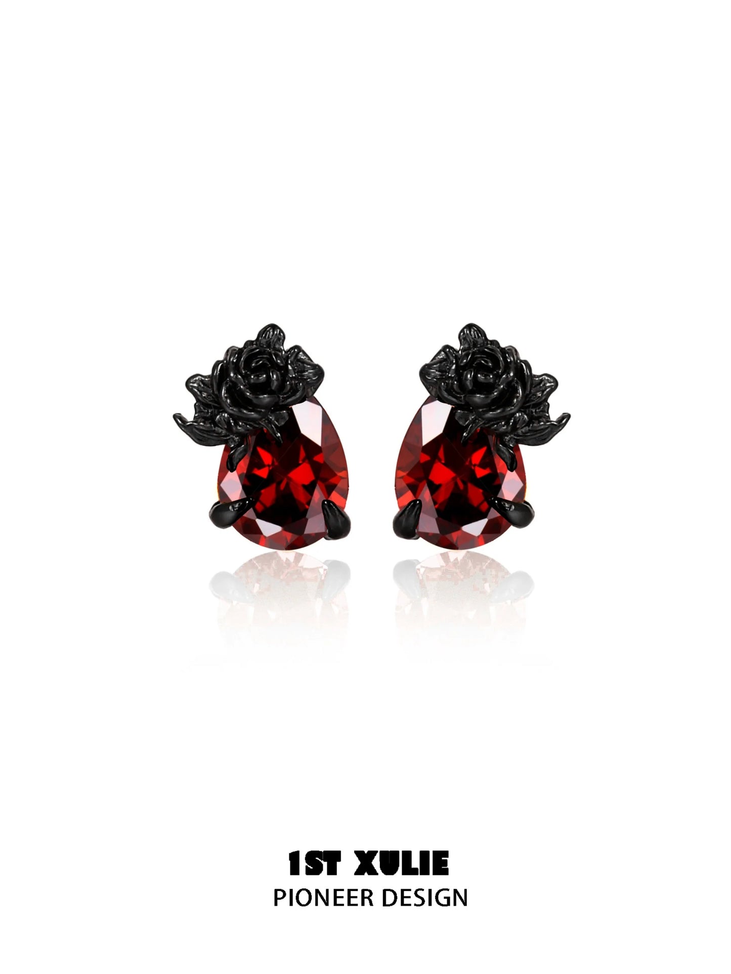 Y2K dark rose earrings with red gemstones and intricate floral design for stylish accessories