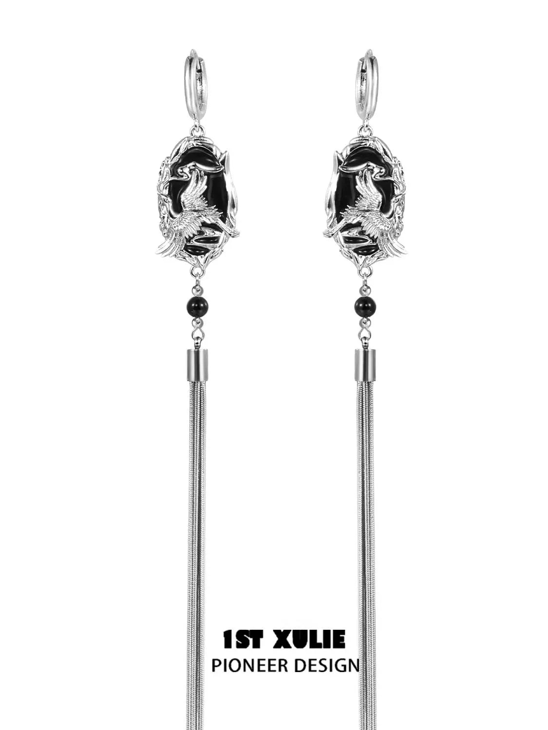 Y2K dark tassel earrings with black stone and unique design from 1STXULIE, perfect for trendy outfits