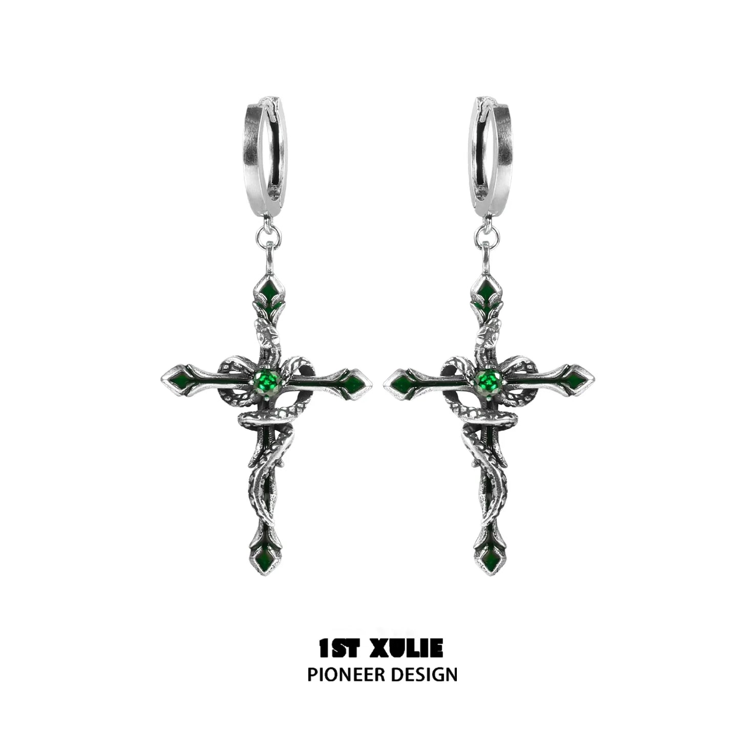 1ST XULIE Y2K gothic cross earrings with intricate design and green accents for stylish accessorizing