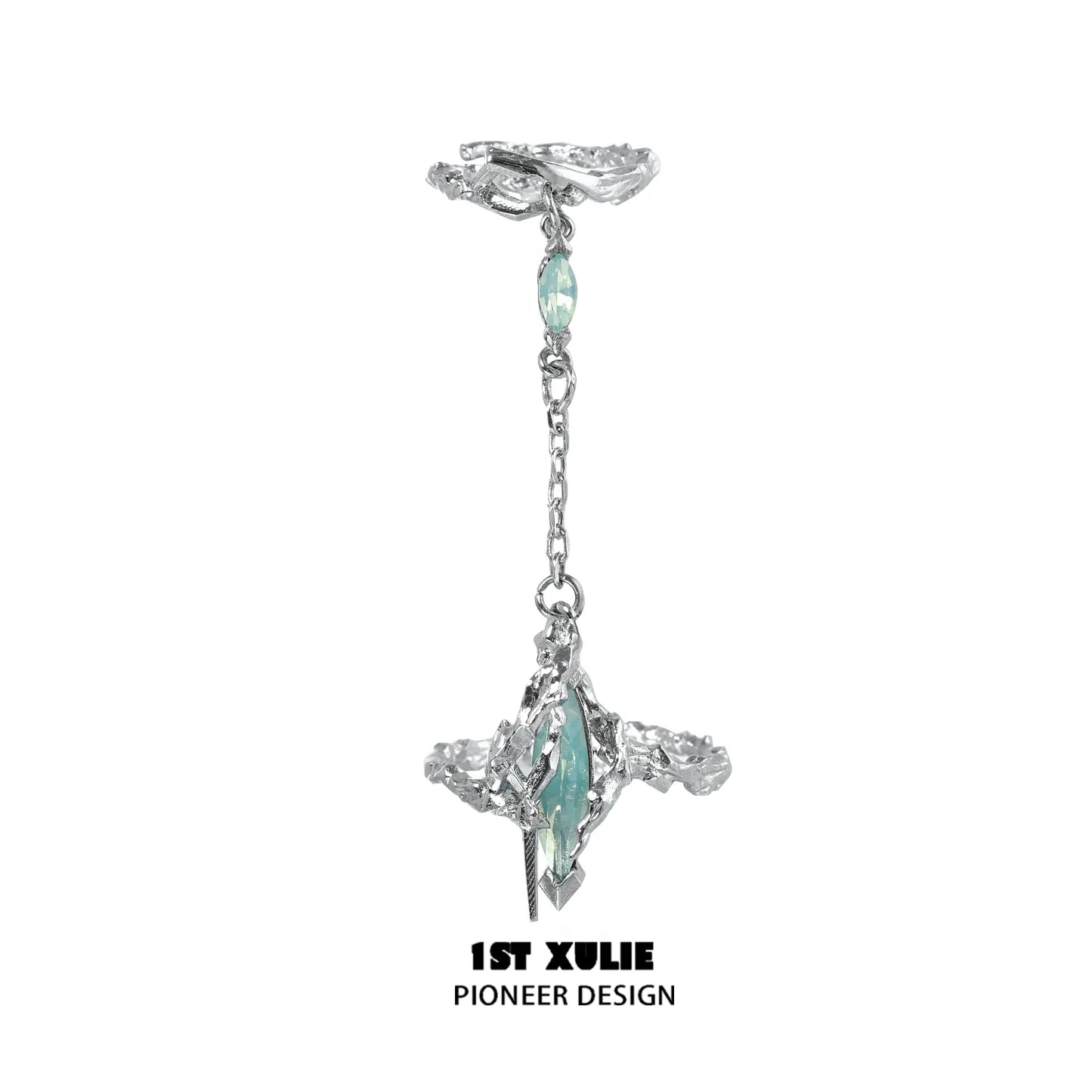 Y2K punk silver ring with intricate design and a unique gemstone centerpiece