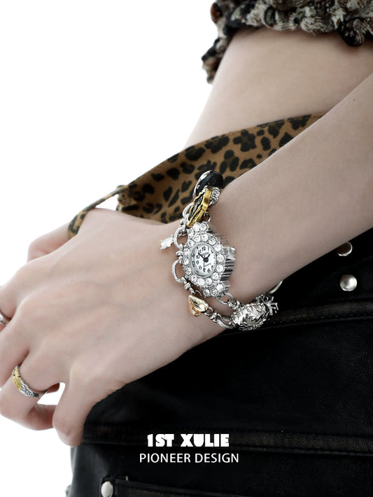 Y2K vintage bracelet watch featuring a unique design with charms and a stylish silver finish