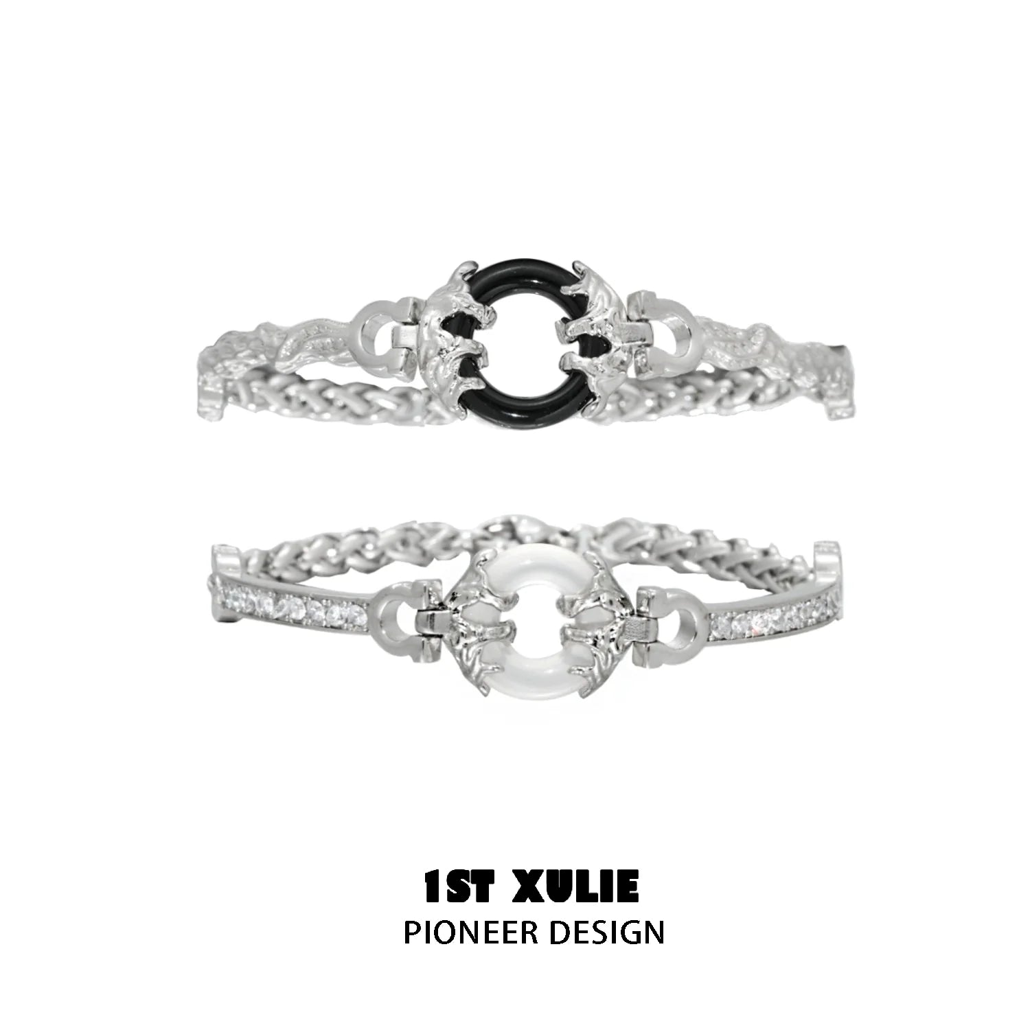 Stylish black and white couple bracelet featuring silver chains and a unique design