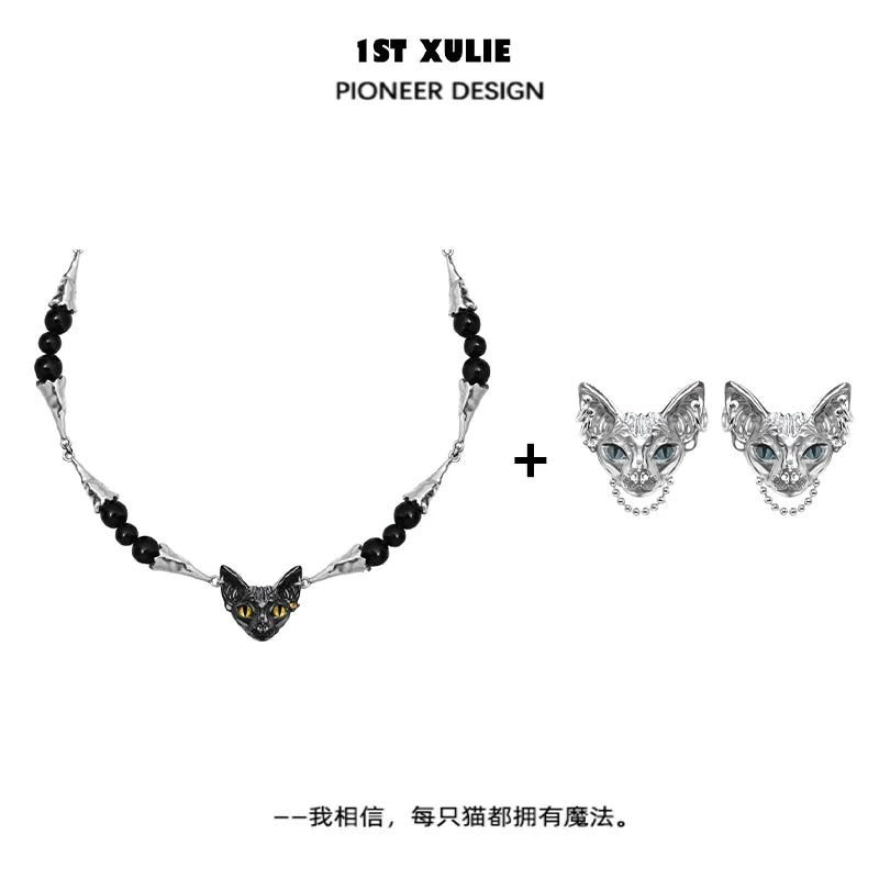 1ST XULIE Black Cat Necklace featuring a unique cat head design with black beads and stylish accents