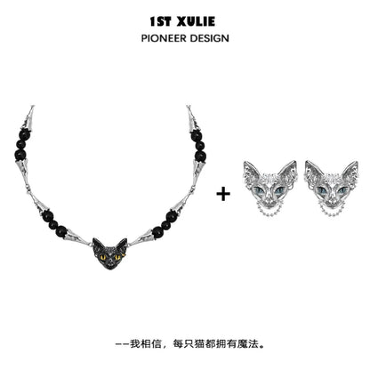 1ST XULIE Black Cat Necklace featuring a unique cat head design with black beads and stylish accents