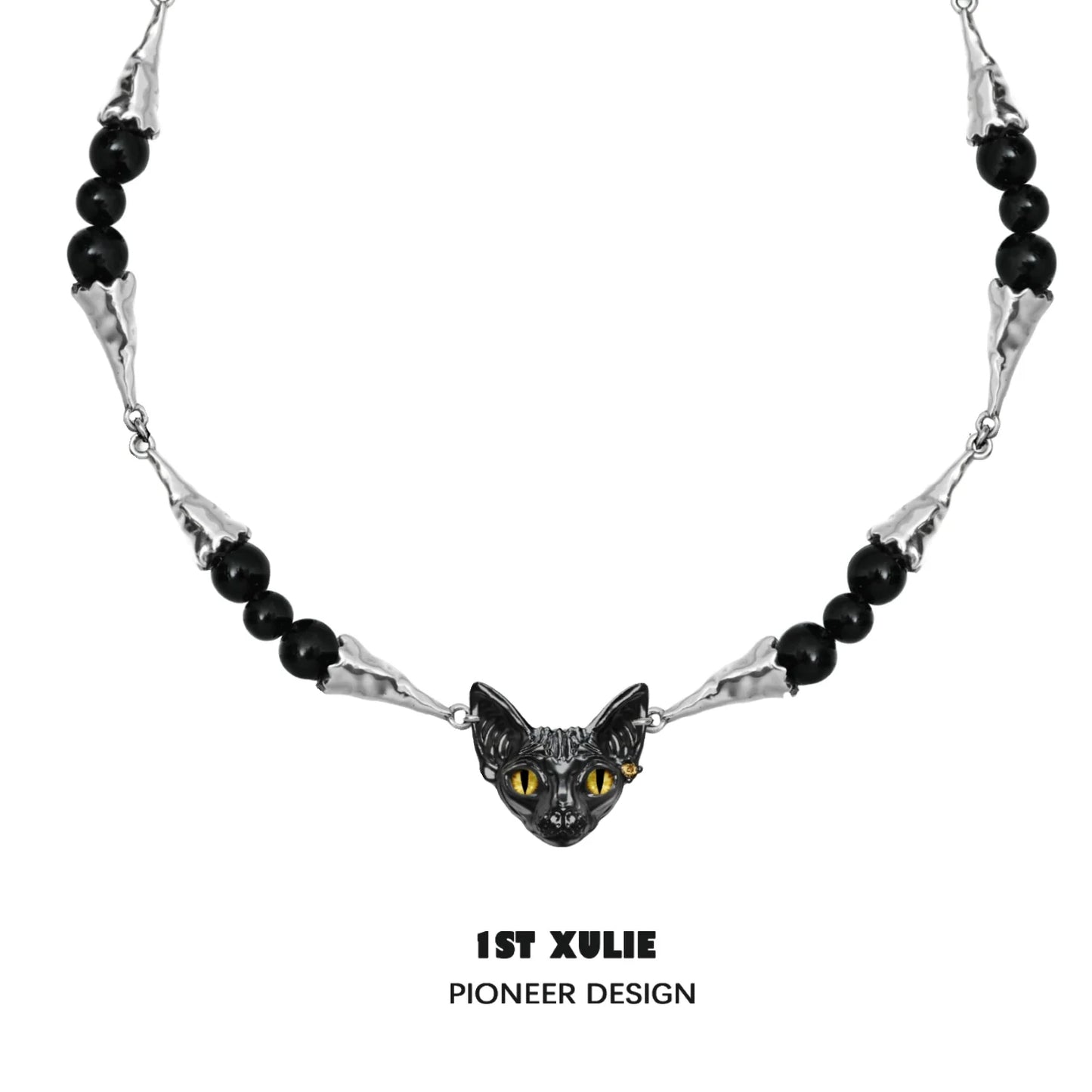 Black cat necklace featuring a decorative cat face pendant and black beads for cat lovers