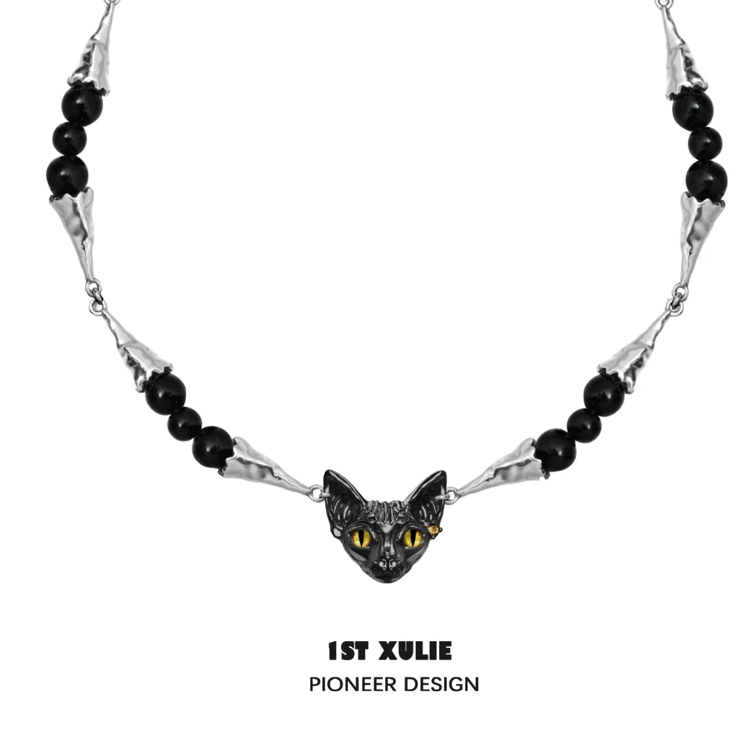 Black cat necklace featuring a decorative cat face pendant and black beads for cat lovers