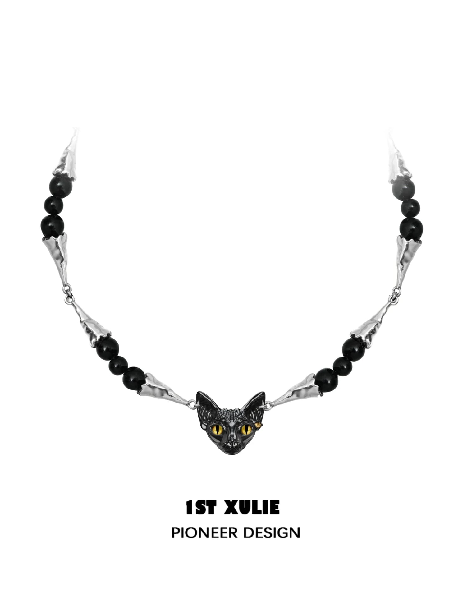 1STXULIE black cat necklace featuring a detailed cat head with yellow eyes and black beads