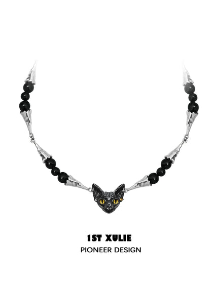 1STXULIE black cat necklace featuring a detailed cat head with yellow eyes and black beads