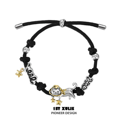 1STXULIE Black Kitty Leather Bracelet with Unique Charms and Adjustable Design